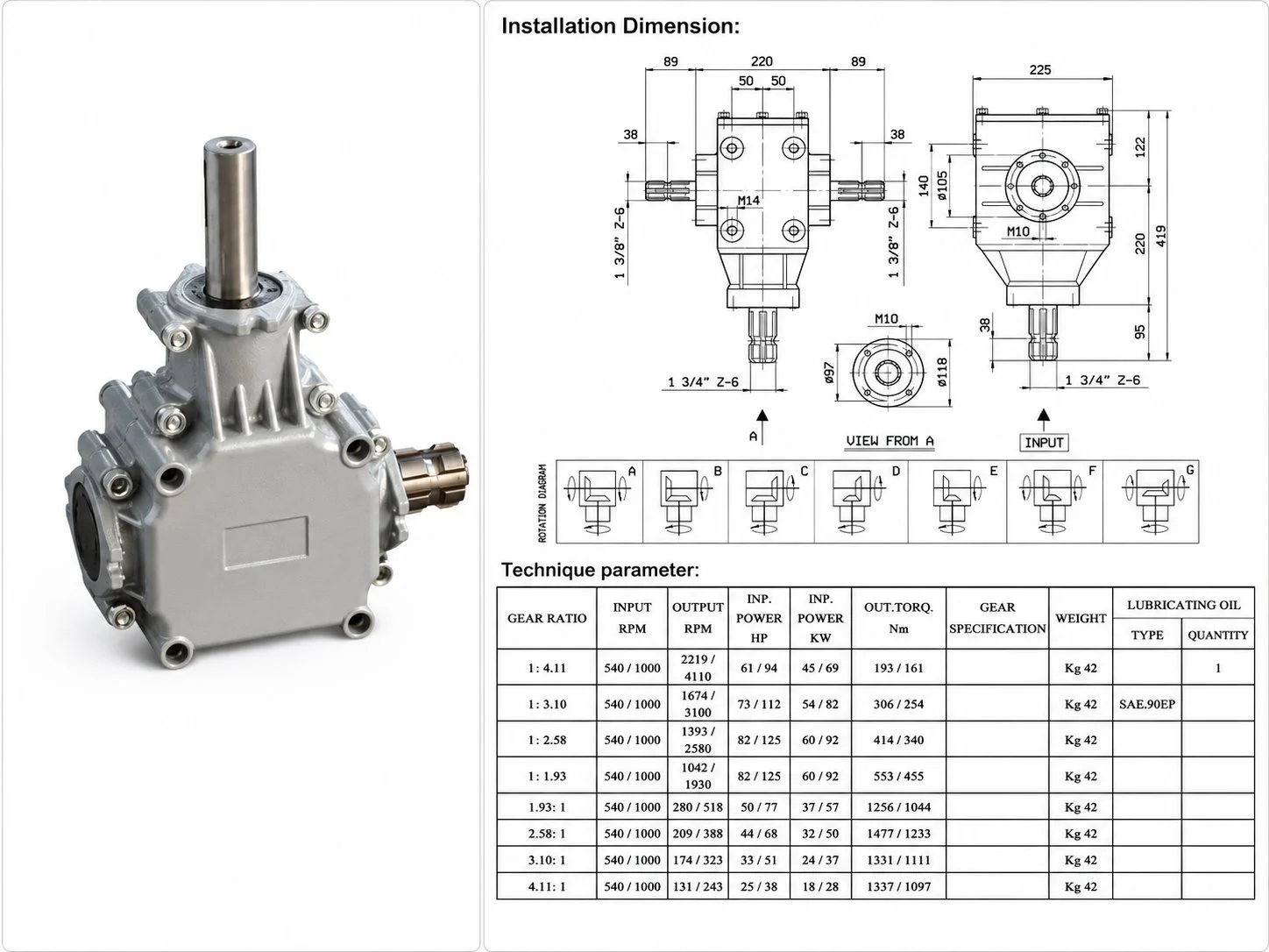 XL Series Gearbox dimensional drawing showing ISO 500 interface measurements